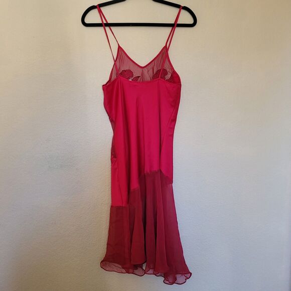 Vtg Y2K Victorias Secret Red Slip Dress Medium Satin Sheer Asymmetrical Romantic - Picture 7 of 7
